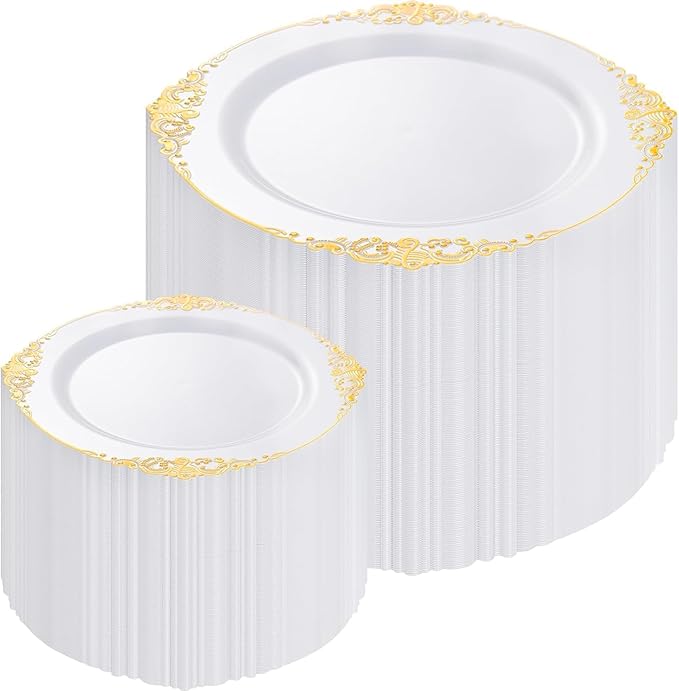 200PCS White and Gold Plates - Gold Plastic Plates - Fancy Disposable Plate - Gorgeous 10inch Dinner & 7.25inch Dessert Plate for 100 Guests for Wedding & Party