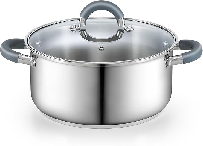 Cook N Home 5.5-Quart Sauce Pot Stainless Steel Stockpot with Glass Lid, Basics Saucier Casserole Stock Pot, Stay-Cool Silicone Handles