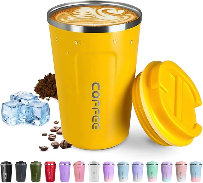 Travel coffee mugs leak-proof, reusable coffee cup with lid, stainless steel vacuum insulated coffee tumblers, thermal insulation cups for men & women keep drinks hot & cold (2nd-Yellow, 12OZ)