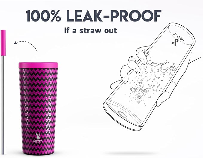 Meoky 24 oz Insulated Tumbler with Lid and Straw, Stainless Steel Vacuum Insulated Tumbler, Keeps Cold for 24 Hours, 100% Leak Proof, Fits in Car Cup Holder (Bolt)
