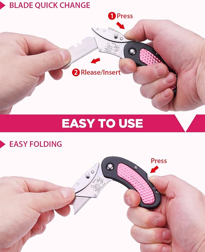 WORKPRO 3-Pack Folding Utility Knife, Pink Box Cutter Quick Change Blade Razor Knife, Back-lock Mechanism with 10-piece Extra Blades, Pink Ribbon