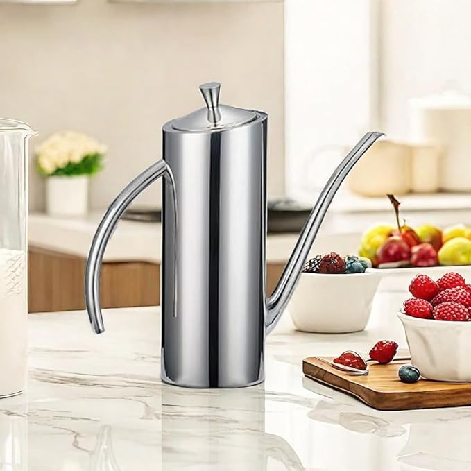 KSENDALO Premium Stainless Steel Olive Oil Dispenser (24oz/700mL) - Leakproof Kitchen Cruet & Olive Oil Bottle with Ergonomic ONE-Piece Body, Long Narrow Spout for Precision Pouring & Arc Handle