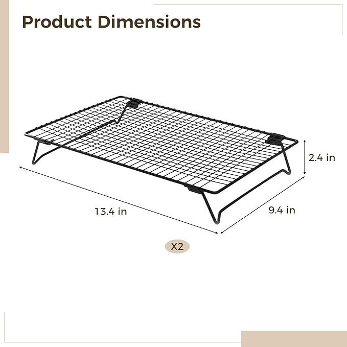 2 Pack Cookie Cooling Racks, Carbon Steel Wire Grid for Baking, Foldable Non-Stick Tray, Stackable Design for Bread Pastries, Laptop Vent Stand, 13.4 in x 9.4 in x 2.4 in / 34 cm x 24 cm x 6 cm