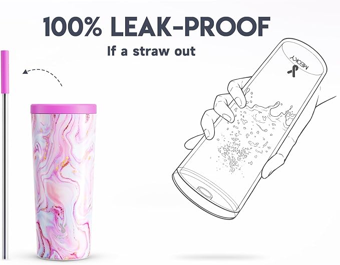Meoky 24 oz Insulated Tumbler with Lid and Straw, Stainless Steel Vacuum Insulated Tumbler, Keeps Cold for 24 Hours, 100% Leak Proof, Fits in Car Cup Holder (Pearl)