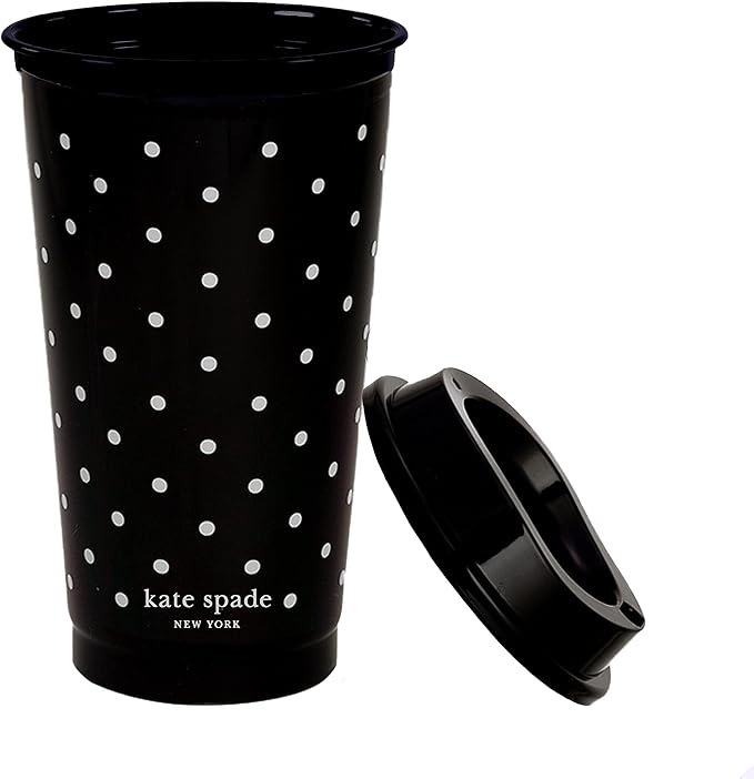 kate spade new york Black/White Reusable Coffee Cups with Lids, Travel Tumbler Set of 4, 16oz BPA-Free Plastic Cups with Lids, Coffee Mugs for Hot or Cold Drinks, Dots and Stripes