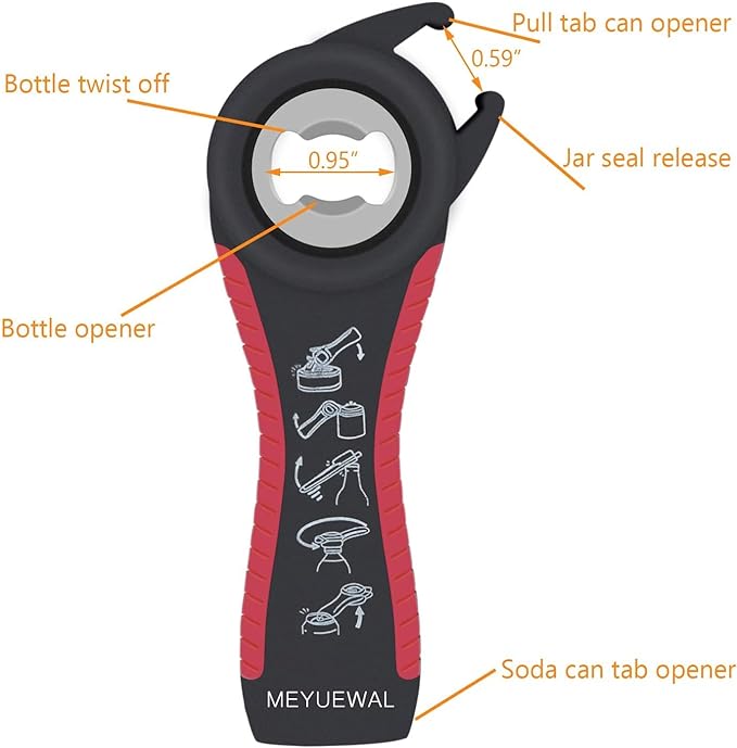 Jar Opener, 5 in 1 Multi Function Can Opener Bottle Opener Kit with Silicone Handle Easy to Use for Children, Elderly and Arthritis Sufferers (Apple Red）