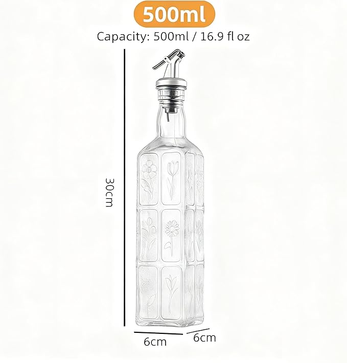 Glass Olive Oil Bottle Dispenser with Stainless Steel Nozzle Plug, 500ml Flowers Bouquet Embossed Square Oil and Vinegar Cruet, Oil Dispensers Carafe Decanter for Kitchen, 16.9 oz(Transparent)
