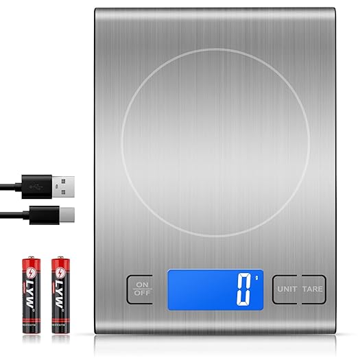 33lb Rechargeable Food Scale, Diyife 304 Stainless Steel Digital Kitchen Scale with 3 Buttons, Weight Grams and Ounces for Baking, Cooking, 5 Units with Tare Function, LCD Display, 2 AAA Batteries