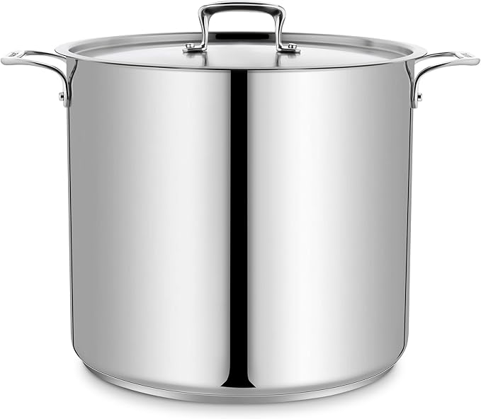 Stainless Steel Stockpot with Lid 24 Quart, Durable 18/8 Stainless Steel, Impact-Bonded Base for Even Heating, Riveted Handles, Oven & All Stove Compatible, Safe Up To 500°F (260°C)