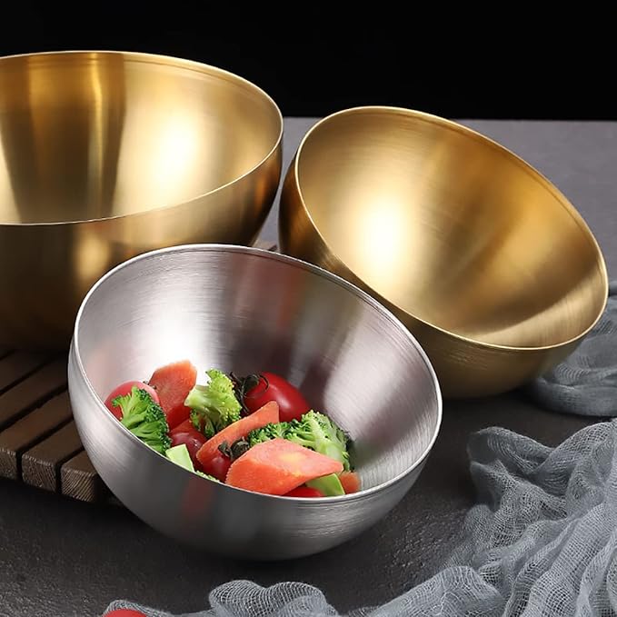 Stainless Steel Salad and Mixing Bowls Set of 2 - Nesting, Snacks, Serving for Cooking, Baking, Prepping - Small & Large 5.9 & 7.9 Inch (Gold)