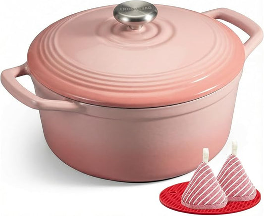 Overmont Enameled Cast Iron Dutch Oven - 5.5QT Pot with Wide Handles Lid Cookbook & Cotton Potholders - Heavy-Duty Pre-Seasoned Cookware Oven Safe to 500°F for Braising, Stews, Roasting, Bread Baking