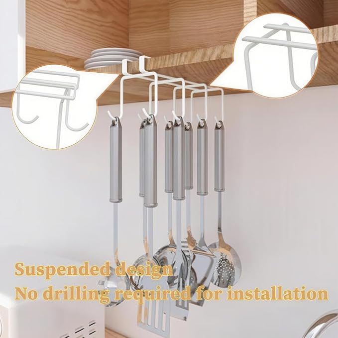Mug Holder Under Cabinet,2pcs Coffee Mug Organizer for Kitchen,Fit for 0.8 Inch Thickness Shelf or Less,Nail Free Adhesive Coffee Cups Holder Hanger for Cups/Kitchen Utensils/Keys Storage (White)