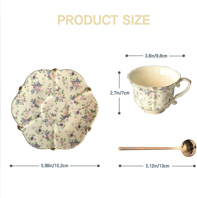 Vintage Floral Porcelain Tea Cup and Saucer Set with Spoon, Gold Trim, 6.4 oz – Set of 2, Beige – Tea & Espresso & Coffee Cups (2, Beige)