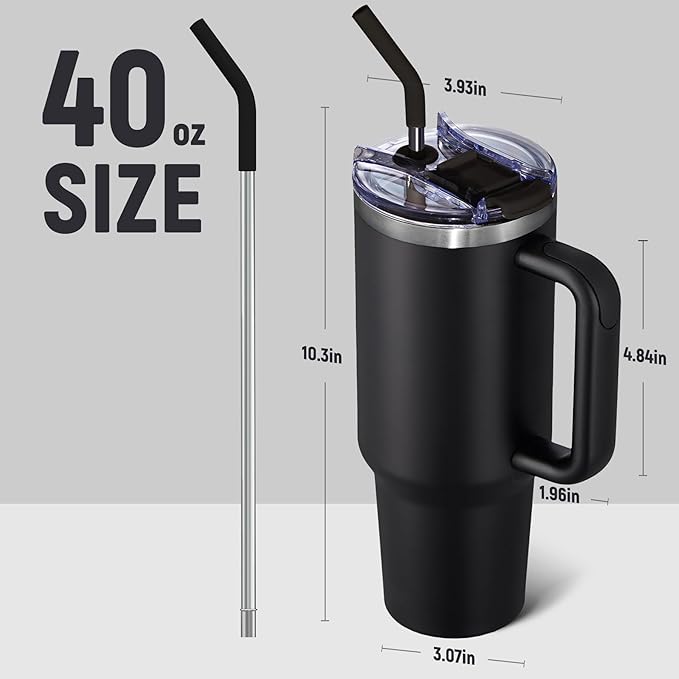 COKTIK 40 oz Tumbler With Handle and Straw, Insulated Tumbler With Leakproof Lids, Stainless Steel|BPA-Free, Cold for 24 H (Black)