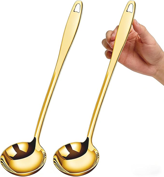 Soup Ladle, 2Pcs Stainless Steel Ladle spoon, 12.2Inch Metal Long Handle Serving Spoon for Cooking Buffet, Party, Kitchen, Gold