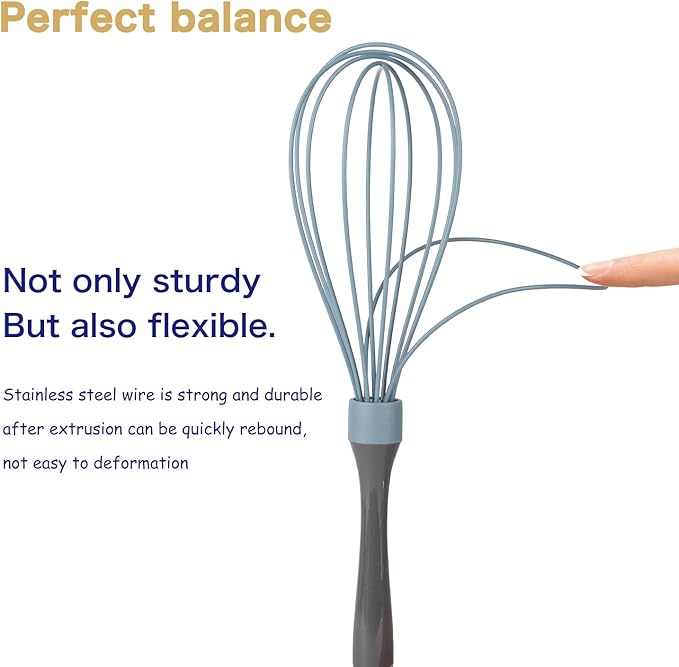 Blue Silicone Whisk, Professional Plastic Whisks for Cooking Non-Scratch, Stainless Steel & Heat Resistant Rubber Wisk, Dishwasher Safe Whisk, 12-Inch