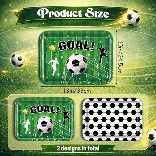 Vesici 4 Pack Soccer Melamine Serving Trays, 13 x 10 in Rectangular Serving Platters with Goal Field & Ball Pattern, Reusable Snack Appetizer Dessert Trays for Game Day Parties, Easy Clean