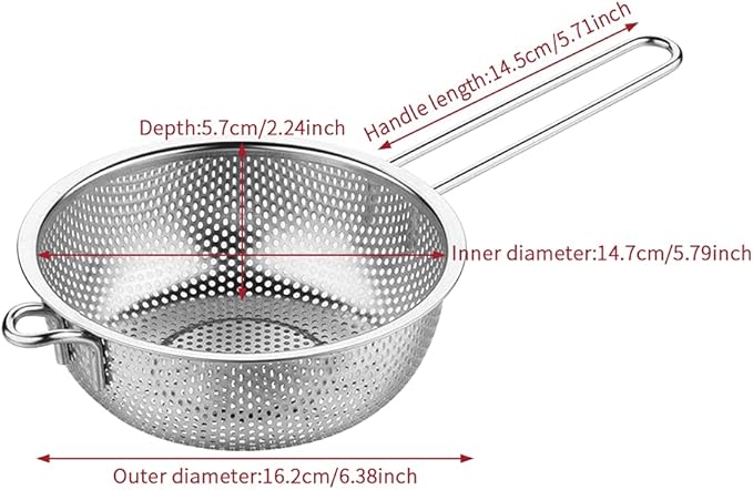 Stainless Steel Colander Fine Mesh Colander with Long Handle, Kitchen Metal Food Strainers with Resting Feet for Strain, Rinse, Fry, Steam or Cook Vegetables & Pasta & Wash fruits(COLOR:silver)