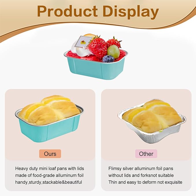 Mini Cake Pans With Lids And Spoons,5.5 oz Rectangle Mini individual Loaf Pans Disposable Aluminum Foil Small Baking Cups Tins (100, Wathet)