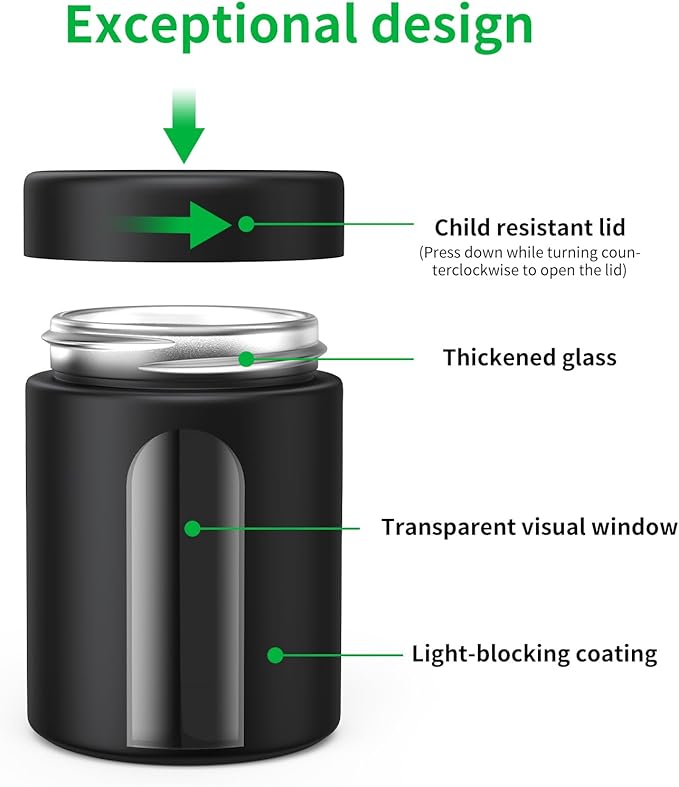 Glass Storage Jar (4 oz), 2 Pack Premium Food Grade Visual Container with Child Resistant Cap, Small Waterproof Bottle Multipurpose Container for Coffee Beans Nuts Teas Spices(120ml)