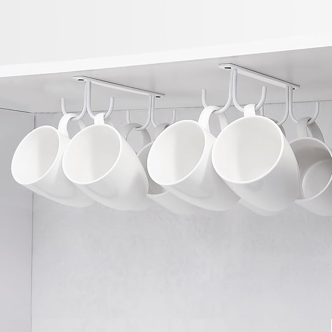 Mug Rack Under Cabinet - Coffee Cup Holder, 8 Mugs Hooks Under Shelf, Display Hanging Cups Drying Hook for Bar Kitchen Utensils White