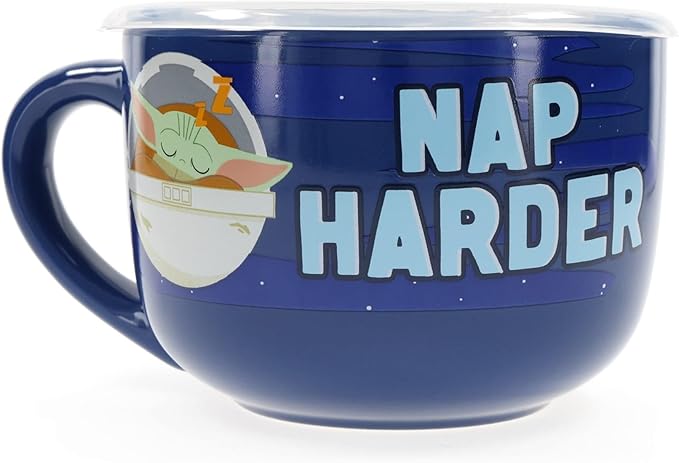 Silver Buffalo Star Wars The Mandalorian Work Hard Nap Harder Baby Yoda Grogu Ceramic Soup Mug With Vented Plastic Lid, 24 Ounces