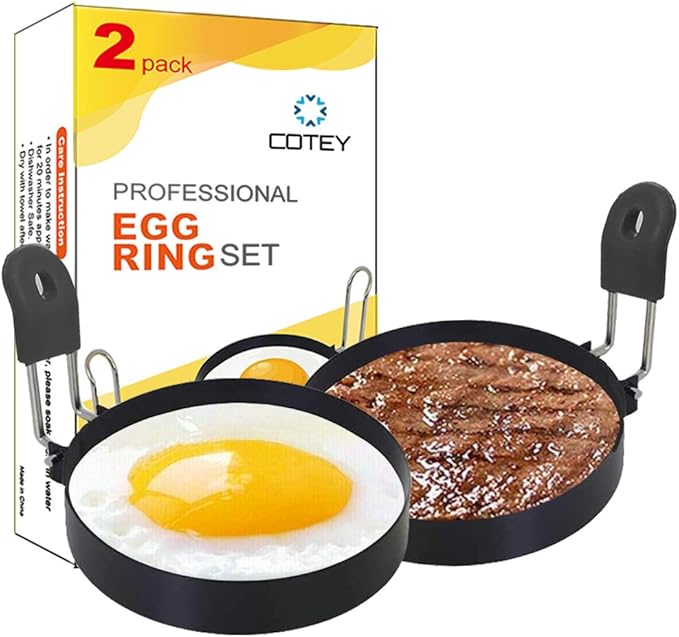 COTEY 3.5" Egg Rings Set of 2 with Silicone Handle, Large Ring for Frying Eggs, Round Mold for English Muffins - Griddle Cooking Shaper for Breakfast