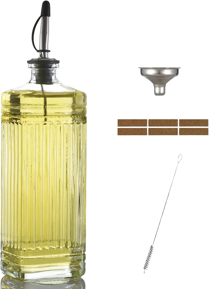 1-Pack Glass Olive Oil Dispenser 500ML/17OZ, Rectangular Vinegar Bottle with Stainless Steel Pourer, Brush, Funnel, Label (Ribbed)