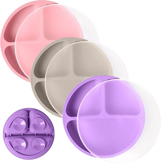 WeeSprout Suction Plates with Lids for Babies & Toddlers - 100% Silicone, Dinnerware Stays Put, Divided Design for Picky Eaters, Microwave & Dishwasher Friendly, 3 Pack