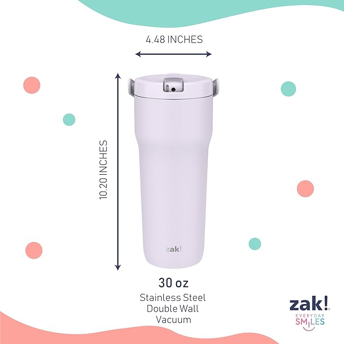 Zak Designs Sutton Travel Tumbler for On the Go, 30oz Stainless Steel with Vacuum Insulation, Straw Spout, Carry Handle for Cold Drinks (Smoky Lilac Purple)