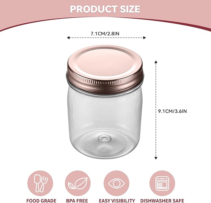 novelinks 8 oz Clear Plastic Jars with Airtight Lids, 32 Pack Plastic Mason Jars with Lids 8oz, Refillable Storage Slime Containers & Small Spice Jar for Kitchen Organization (32 Pack,Rose Gold)