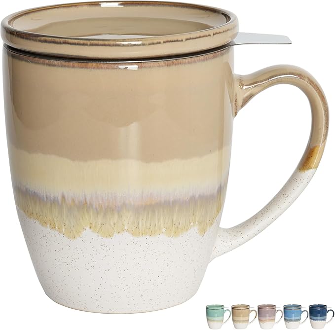 Bosmarlin Ceramic Tea Cup with Infuser and Lid, 16 Oz, 5 Colors to Choose, Dishwasher and Microwave Safe, Reactive Glaze, Steeping Tea Mug with Strainer (Brown Grey)