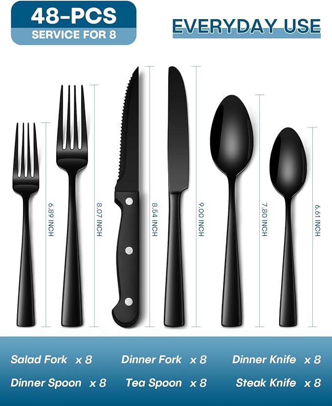Stapava 48 Pcs Black Silverware Set with Steak Knives, Food-Grade Stainless Steel Flatware Set for 8 Mirror Polished Cutlery Utensil Sets Include Forks Spoons and Knives Set Dishwasher Safe