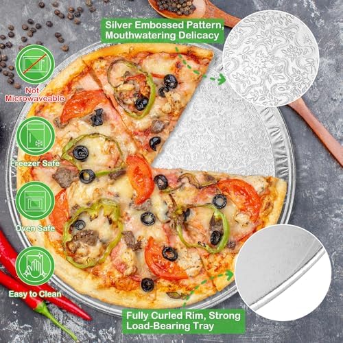 15 Pack Disposable Pizza Pans 14IN, Large Aluminium Foil Serving Platters/Trays for Parties, Silver Embossed Foil Serving Dishes/Plates for Vegetable, Fruit, Slices of Cake, Cookies
