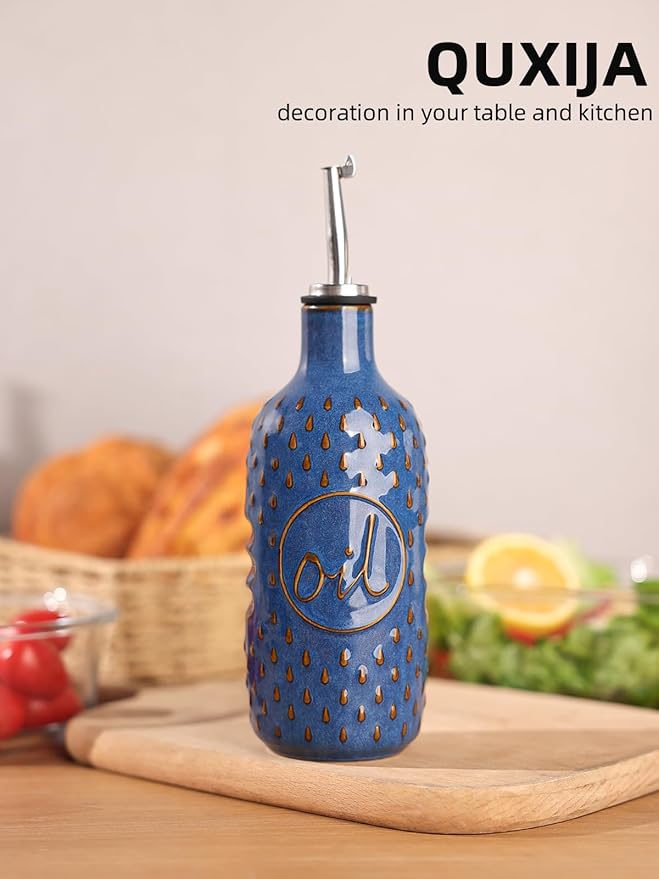 Ceramic Olive Oil Dispenser Bottle,15 Oz Oil Dispenser for Kitchen Counter,Suitable for Storage Oil, Vinegar, Coffee Syrups & Other Liquids (Vintage Blue)