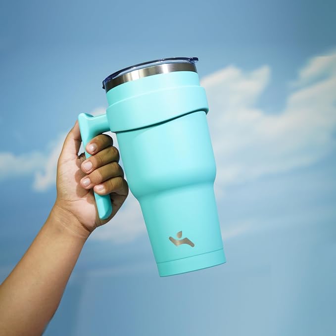 40 oz Tumbler with Handle and 2 Straw 2 Lid, Insulated Water Bottle Stainless Steel Vacuum Cup Reusable Travel Mug,Turquoise