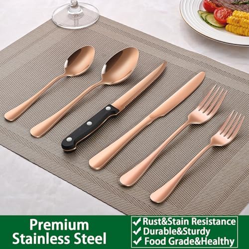 24 PCs Rose Gold Flatware Sets Service For 4, Copper Kitchen Utensils Set