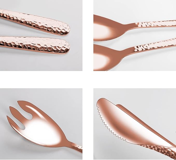Salad Spoon and Fork Metal Tong Serving Set, Heavy Duty Hammered Finish 18/10 Stainless Steel Serving Utensils Large Salad Servers for Kitchen Party Buffet Supply (Rose Gold)