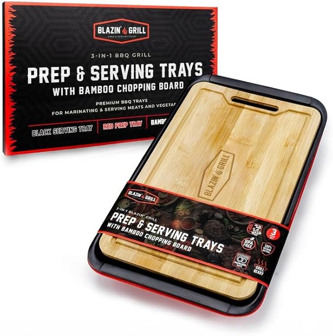 AVIEUS Grill Prep and Serving Trays | Set of 3 Stackable, Melamine Trays with Bamboo Cutting Board | Trays for Marinating, Serving & Chopping | Serving Platter for Plating Food & BBQ Prep Tub |