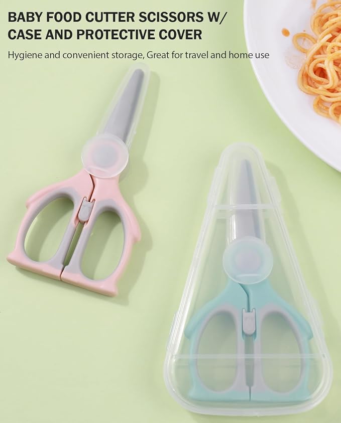 Baby Food Scissors Kicthen Shears,Portable Healthy Cute Kids Scissors Stainless Steel Scissors with Safety Lock and Storage Case - Ideal for Cutting Meat, Chicken, Vegetables, and Fruits (2Pack)