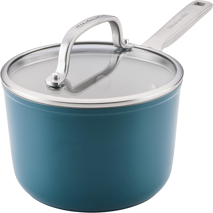KitchenAid Hard Anodized Ceramic Induction Nonstick Cookware Saucepan with Lid, Dishwasher Safe, 2 Quart Non Stick Sauce Pan with Stainless Steel Handle - Agave Blue