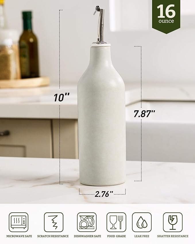 famiware Milkyway 16oz Ceramic Olive Oil Dispenser Bottle, 1 Piece Oil Dispenser for Kitchen with Stainless Steel Pourers, Suitable for Storage Vinegar, Soy Sauce, Coffee Syrup, Matte Beige White