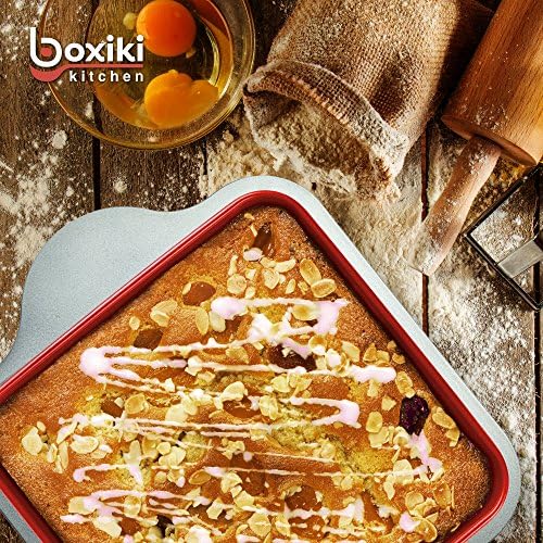 Boxiki Kitchen Silicone Baking Pans Set. 3 PCS Professional Non-Stick Baking Cake Pans Set includes Silicone Round Cake Pan, Square Cake Pan and Bread Loaf Pan.