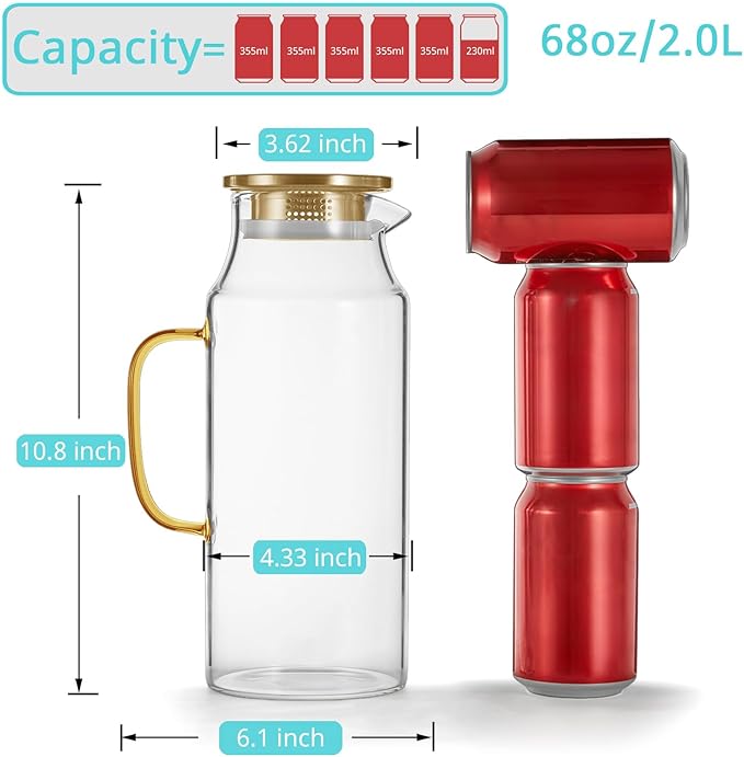 Bivvclaz 2 Pack 2 Liter 68 oz 2.1 Qt Gold Glass Pitcher with Lid and Handle, Water Pitcher for Fridge, Glass Carafe for Hot/Cold Water, Large Iced Tea Pitcher for Coffee, Juice and Homemade Beverage