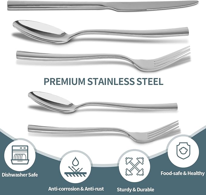 Silverware Set for 8, Briout 40 Piece Flatware Cutlery Set Stainless Steel Luxury Square Tableware Thick Knife Fork Spoon for Home Kitchen Restaurant Wedding, Mirror Polished, Dishwasher Safe