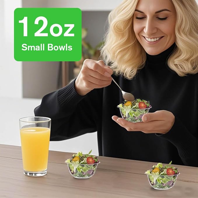 100 Pack Small Clear Plastic Bowls, 12oz Hard Disposable Salad Bowls, Disposable Bowl for Party Serving, Ice Creams, Desserts, Catering, Special Events