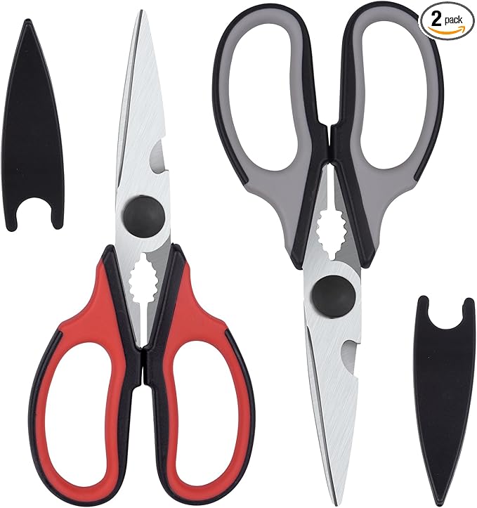 Left Handed Scissors Kitchen Shears, All Purpose Left Hand Heavy Duty Meat Scissors Poultry Shears, Lefty Tools Utensils, 2-Pack (Black/Red, Black/Gray)