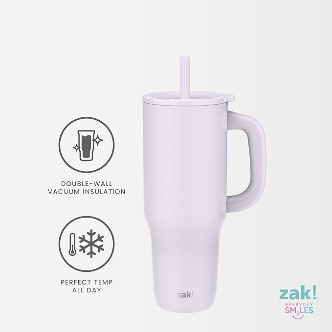 Zak Designs Sutton Travel Tumbler for On the Go, 40oz Stainless Steel with Vacuum Insulation, Silicone Straw, and Carry Handle for Cold Drinks (Sunflower Yellow)