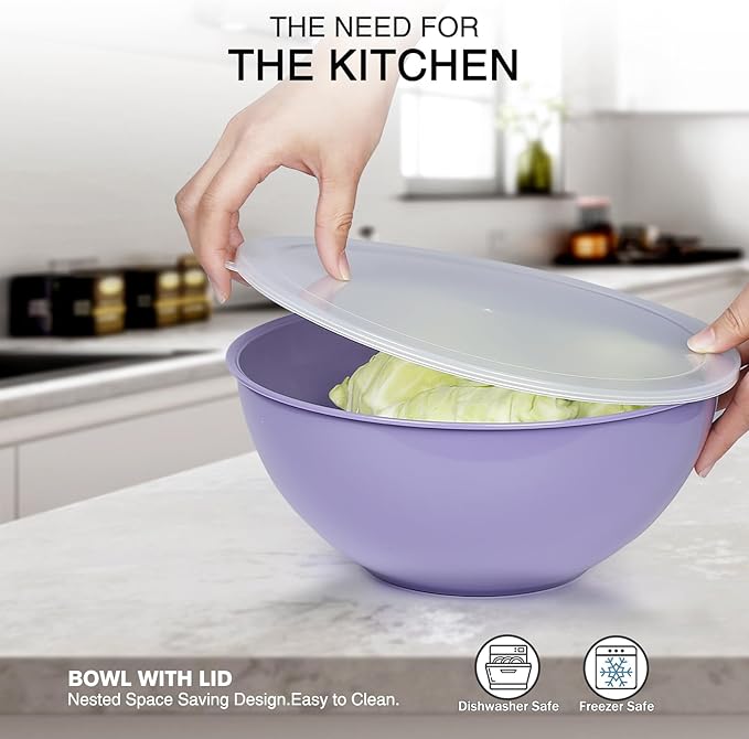Plastic Mixing Bowls with Lids Set for Kitchen, Nesting Bowls for Mixing, Baking, Prepping, Cooking and Serving Food, Mixing Bowls Dishwasher, Microwave Safe (Dark blue)