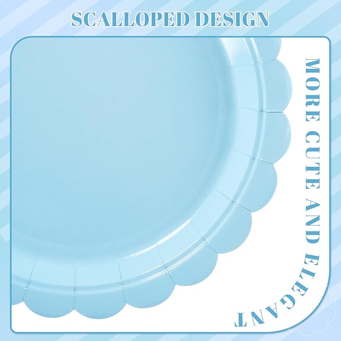 30 Pcs Dessert Plates Disposable, 7 Inch Light Blue Cake Plates Scalloped Small Appetizer Birthday Plate Cute Baby Blue Paper Plate for Boy Baby Shower, Birthday, Wedding
